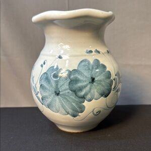 Vintage signed Floral Ceramic Vase with Blue Flowers
